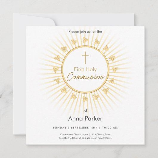 Eerste communie goud met kruis, uitnodiging (Voorkant)