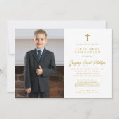 Eerste Communie Goud Wit Minimalistische Jongen Fo Kaart (Voorkant)