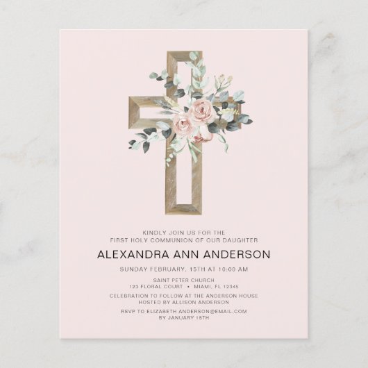 Eerste Communie Gouden Kruis Blush Roze Bloem (Voorkant)