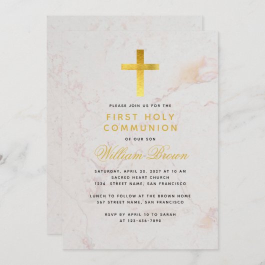 Eerste Communie Gouden Kruis Marmer Elegant Script Kaart (Voorkant / Achterkant)