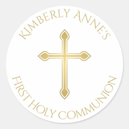 Eerste Communie Gouden Kruis Monogram Naam Ronde Sticker (Voorkant)