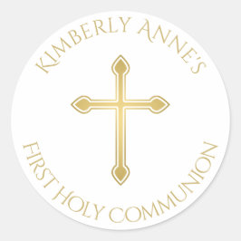 Eerste Communie Gouden Kruis Monogram Naam Ronde Sticker