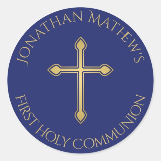 Eerste Communie Gouden Kruis Monogrammed Naam Blau Ronde Sticker (Voorkant)