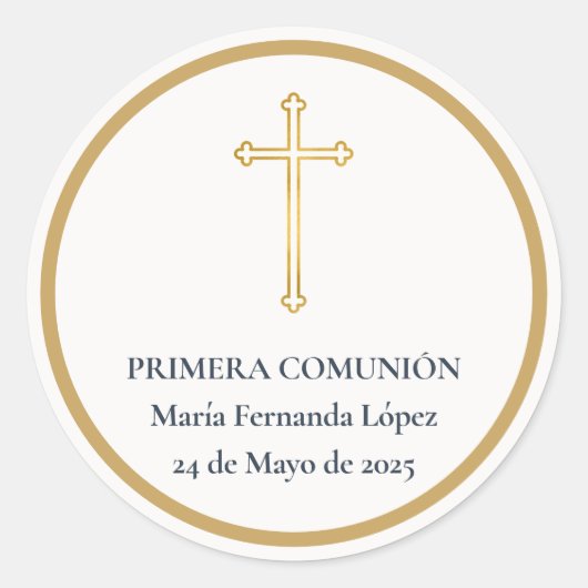 Eerste Communie Gouden Kruis Ronde Sticker (Voorkant)