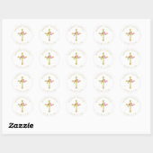 Eerste Communie Gouden Kruis Roze Rose Monogrammed Ronde Sticker (Vel)
