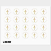 Eerste Communie Gouden Kruis Roze Rose Monogrammed Ronde Sticker (Vel)