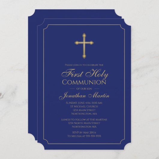 Eerste Communie Gouden Kruis w / Navy Blauw Christ Kaart (Voorkant / Achterkant)