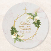 Eerste Communie Gouden Marmer Calla Lilies Bloemen Ronde Kartonnen Onderzetter (Voorkant)