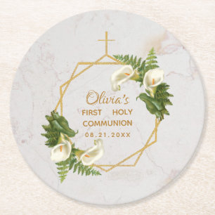 Eerste Communie Gouden Marmeren Calla Lelie Bloeme Ronde Kartonnen Onderzetter