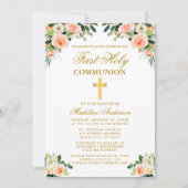 Eerste Communie Gouden Waterverf Perzik Witte Bloe Kaart (Voorkant)