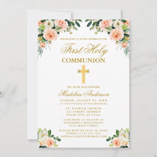 Eerste Communie Gouden Waterverf Perzik Witte Bloe Kaart (Voorkant)