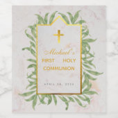 Eerste Communie Groen Faux Gold Cross Botanical Wijn Etiket (Enkel label)