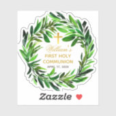 Eerste communie groen krans & faux gouden kruis sticker (Vel)