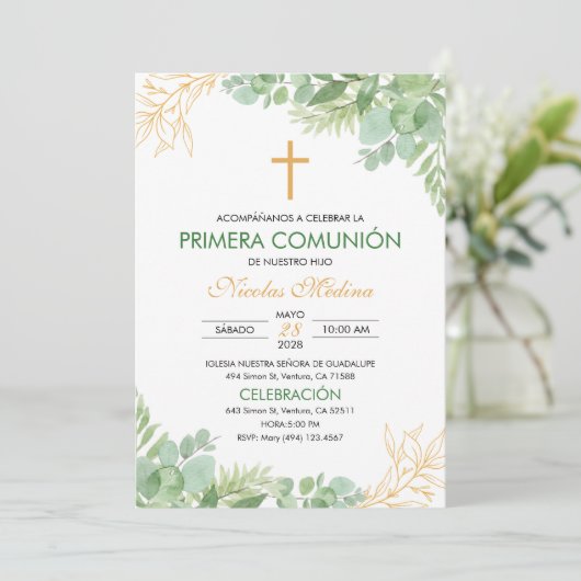 Eerste Communie Groene bladeren Cross Primera Comm Kaart (Staand voorkant)