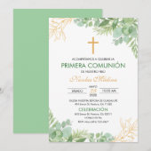 Eerste Communie Groene bladeren Cross Primera Comm Kaart (Voorkant / Achterkant)