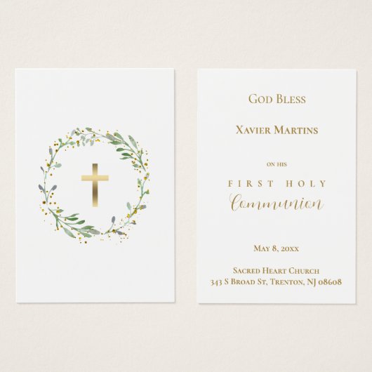 Eerste Communie groene krans herinneringskaart Visitekaartje (Voorkant /achterkant)