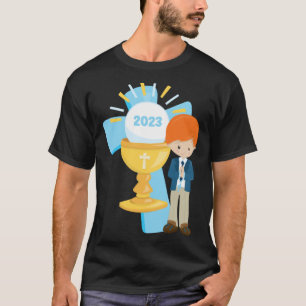 Eerste communie jongen aandenken 2023 kruis blauwe t-shirt