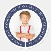 Eerste communie jongen aangepaste foto & eenvoudig ronde sticker (Voorkant)