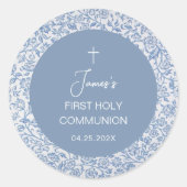 Eerste communie jongen Blauw en wit bloemmotief Ronde Sticker (Voorkant)