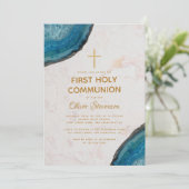 Eerste communie jongen blauw geode marmer gouden k kaart (Staand voorkant)