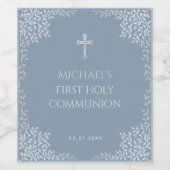 Eerste Communie Jongen Dusty Blue Faux Zilveren Bl Wijn Etiket (Enkel label)