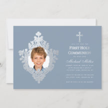 Eerste Communie Jongen Foto Stof Blauw Faux Zilver