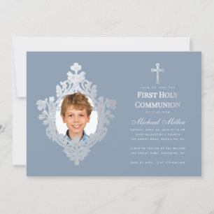 Eerste Communie Jongen Foto Stof Blauw Faux Zilver Kaart