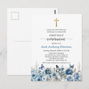 Eerste communie jongen gouden kruis bloemen uitnod briefkaart