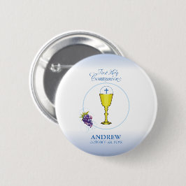 Eerste communie jongen, kelk met hostie en druiven ronde button 5,7 cm