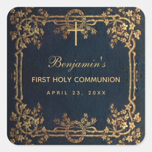Eerste communie jongen marine blauw  gouden wijnst vierkante sticker (Voorkant)