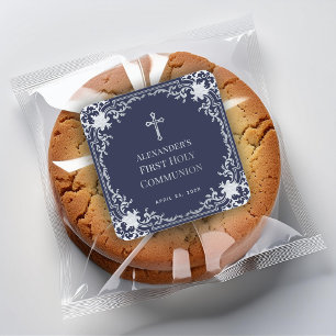 Eerste communie jongen marineblauw vintage namaak vierkante sticker