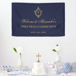 Eerste Communie Jongen Navy Blauw Goud Crest Spandoek