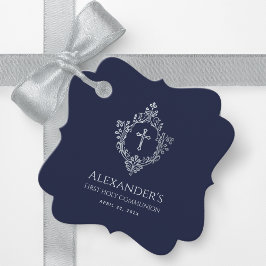 Eerste Communie Jongen Navy Blauwe Vintage  Crest Bedankjes Labels