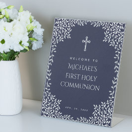 Eerste communie jongen Navyblauw Nep Zilveren Blad Reclamebord Met Voetstuk