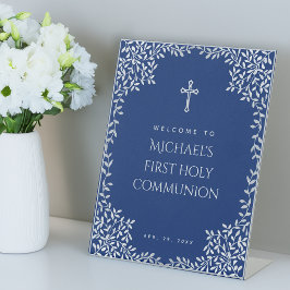 Eerste communie jongen Royal Blue Bladeren Welkom  Reclamebord Met Voetstuk