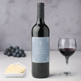 Eerste Communie jongen stoffig blauw onechte zilve Wijn Etiket