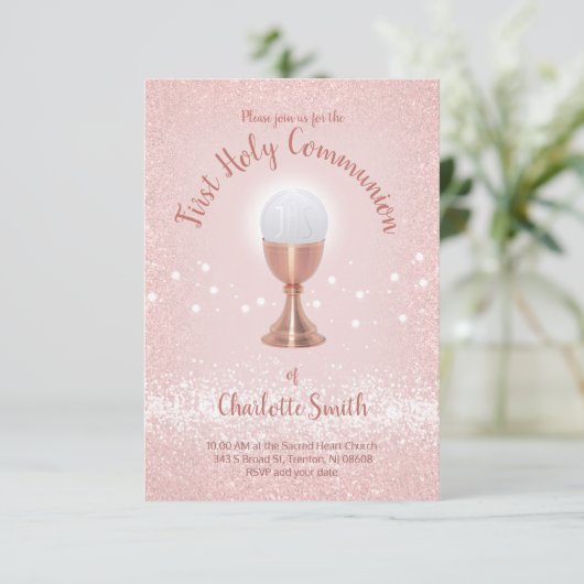 Eerste Communie Katholiek meisje roze Kaart (Staand voorkant)