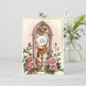 Eerste Communie Kelk Host Roos Bloemen Kaart (Staand voorkant)