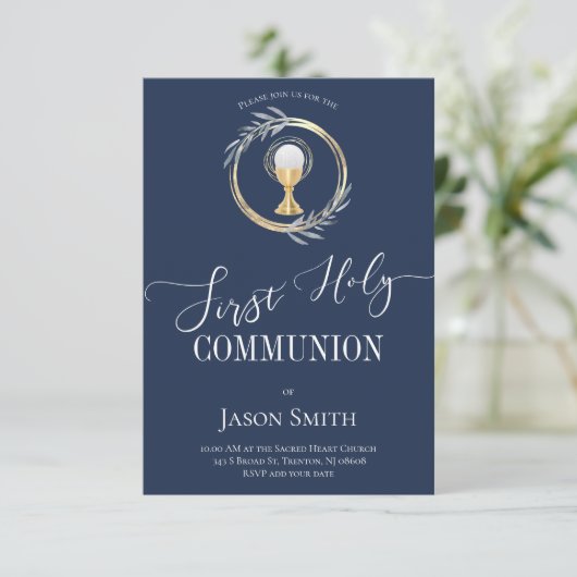 Eerste Communie klassiek blauw en namaakgoud Kaart (Staand voorkant)