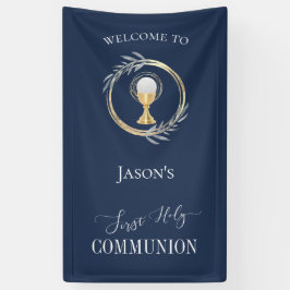 Eerste Communie klassieke blauw en faux gouden cir Spandoek