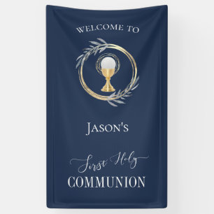 Eerste Communie klassieke blauw en faux gouden cir Spandoek