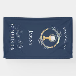 Eerste Communie klassieke blauw en faux gouden cir Spandoek