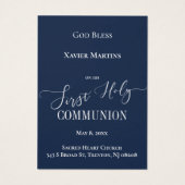 Eerste Communie klassieke blauwe herinneringskaart Visitekaartje (Achterkant)