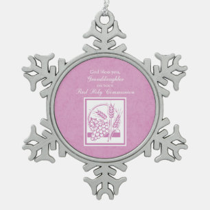 Eerste communie kleindochter, Roze Tin Sneeuwvlok Ornament
