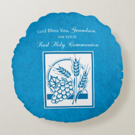 Eerste communie kleinkind Blauw, Tarwe, Druiven Rond Kussen