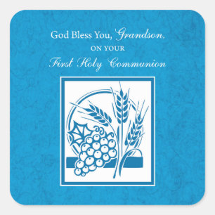Eerste communie kleinkind Blauw, Tarwe, Druiven Vierkante Sticker