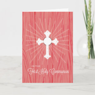 Eerste Communie Kruis en Stralen op Roze Hout Kaart