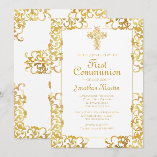 Eerste Communie Kruis Goud Damask Christelijk Boy Kaart (Voorkant / Achterkant)