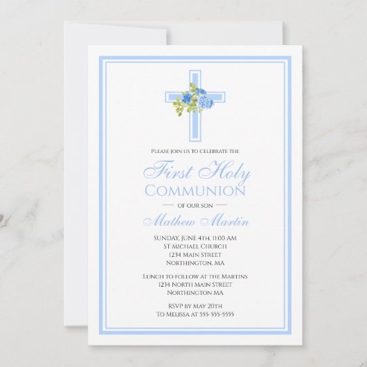 Eerste Communie Kruis met Blauwe Rozen Christelijk Kaart (Voorkant)