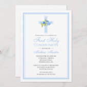 Eerste Communie Kruis met Blauwe Rozen Christelijk Kaart (Voorkant / Achterkant)